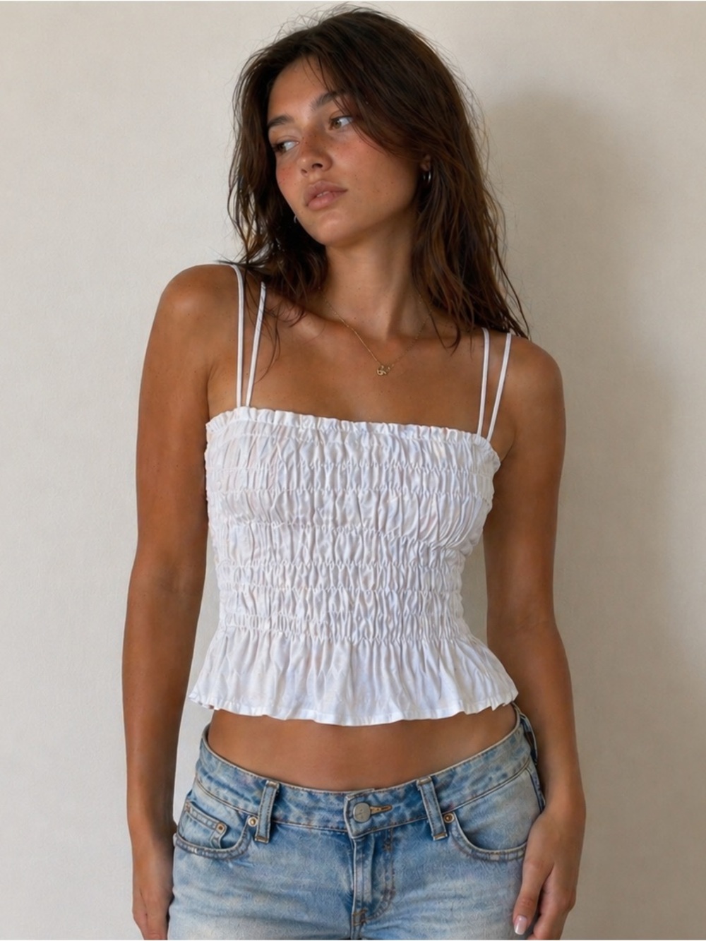 Divided White Smocked Ruffle Hem Cami Top Crop Stretchy Tank with Bow Strap- M